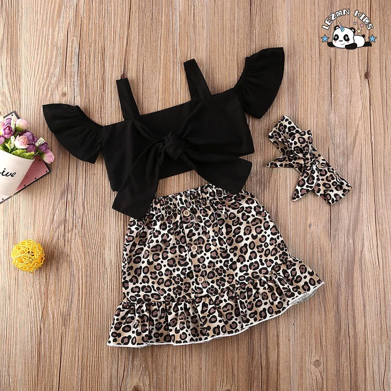 LEZONKIDS - Summer Toddler Baby Girls Clothes Off Shoulder T+ Leopard Print Skirt+ Heardgear 3 Pcs Sets for 3-8 Years Children Clothing